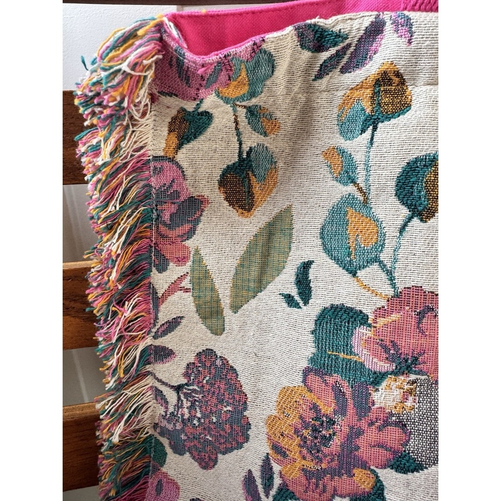 Floral Woven Tote Bag Pink Straps Fringe Boho Reusable Lightweight - Picture 3 of 10